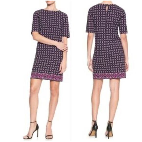 Banana Republic Print Boatneck Shift Dress 8P Petite Purple Office Work Church - Picture 1 of 10
